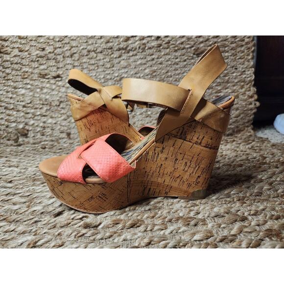 Sam Edelman Women's Pink Snake Skin Cork High Wedge Sandals Shoes Size 10M - Picture 6 of 12